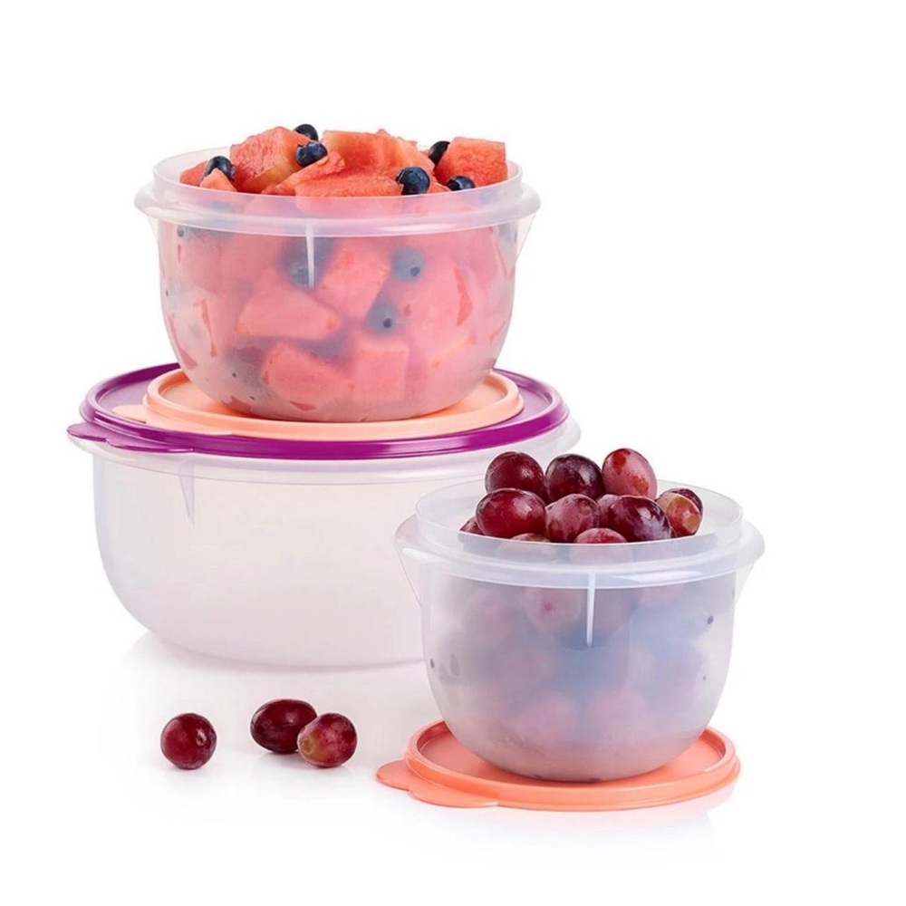 Tupperware Clear Containers with Purple and Peach Lids